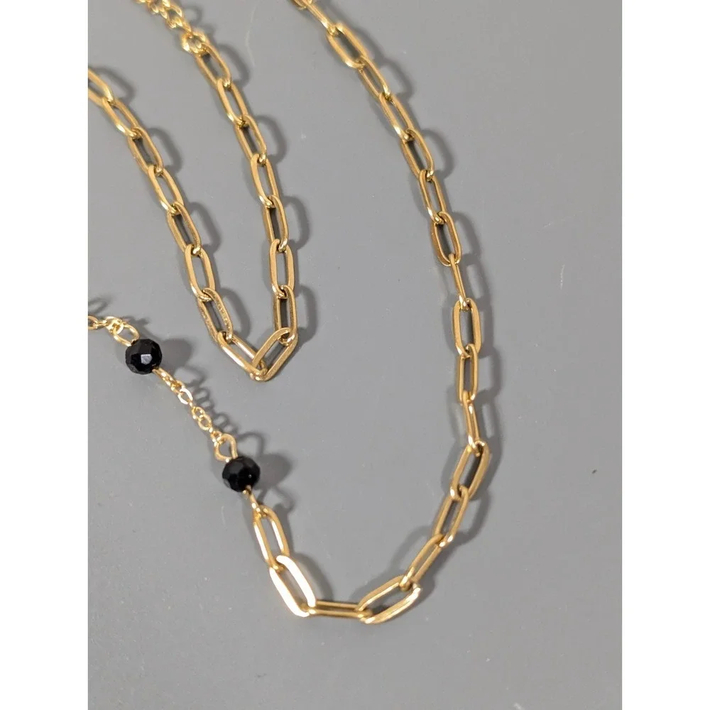 Gold Tone Black Glass Bead Y Neckalce Cross‎ Pendant Lariat Elegant 20 in